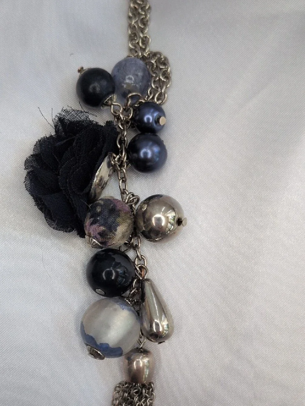 Long Boho Mixed-Media Fabric Rosette & Bead Tassel Necklace_4